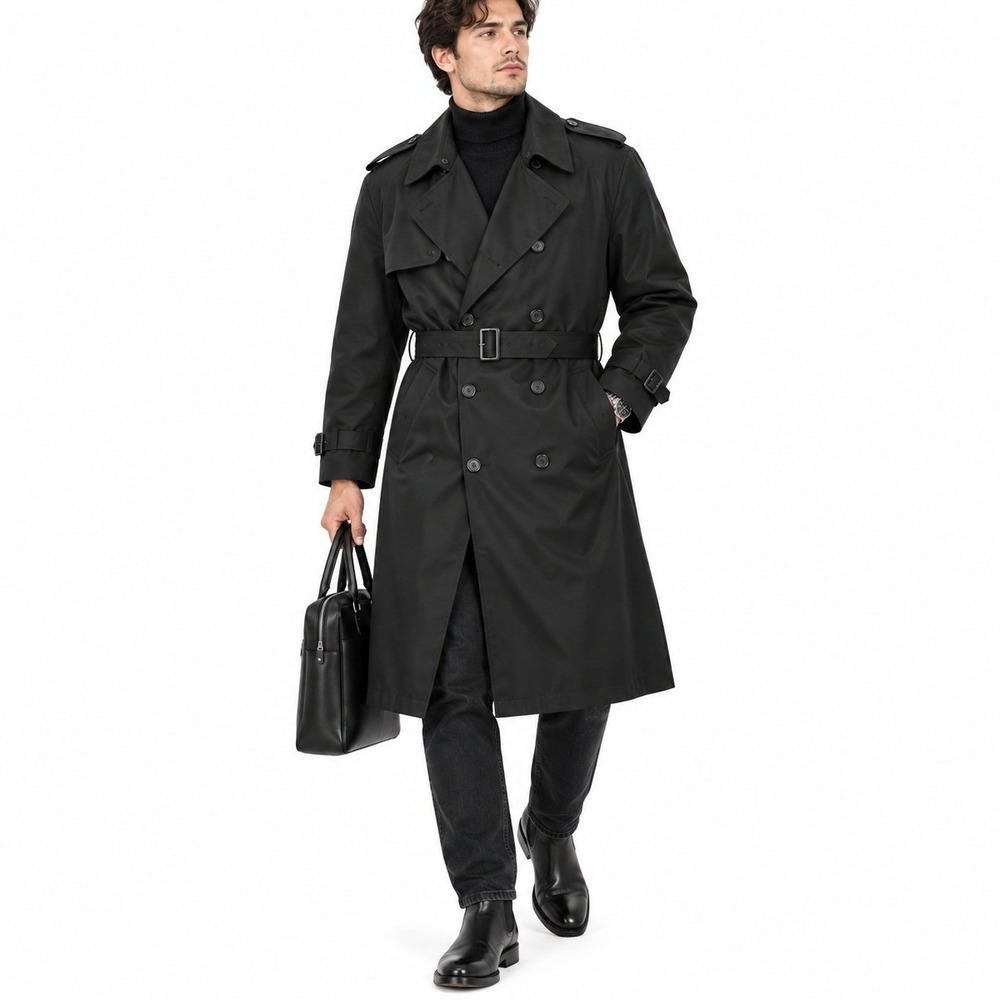 Bradley Jons Trench Coat Mens 50L Black Double Breasted Belted Quilted Liner